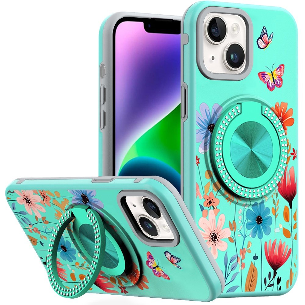 for iphone 13/14 metal diamond cd pattern design matte finished hybrid with rotational ring [car mount friendly] case 12