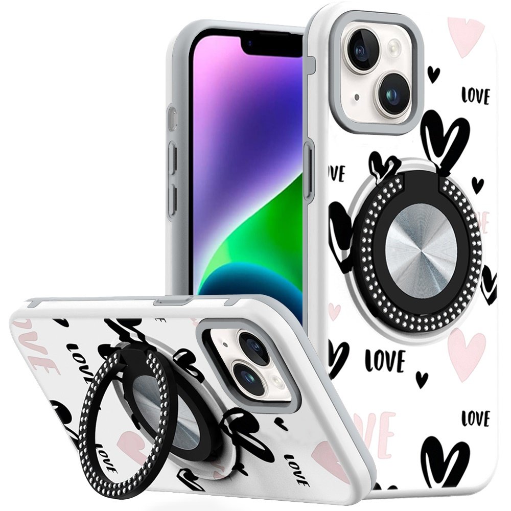 for iphone 13/14 metal diamond cd pattern design matte finished hybrid with rotational ring [car mount friendly] case 2