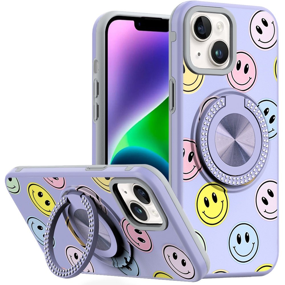 for iphone 13/14 metal diamond cd pattern design matte finished hybrid with rotational ring [car mount friendly] case 5