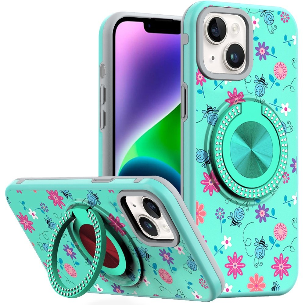 for iphone 13/14 metal diamond cd pattern design matte finished hybrid with rotational ring [car mount friendly] case 7