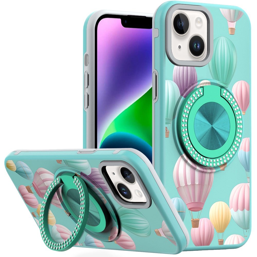 for iphone 13/14 metal diamond cd pattern design matte finished hybrid with rotational ring [car mount friendly] case hot air balloon