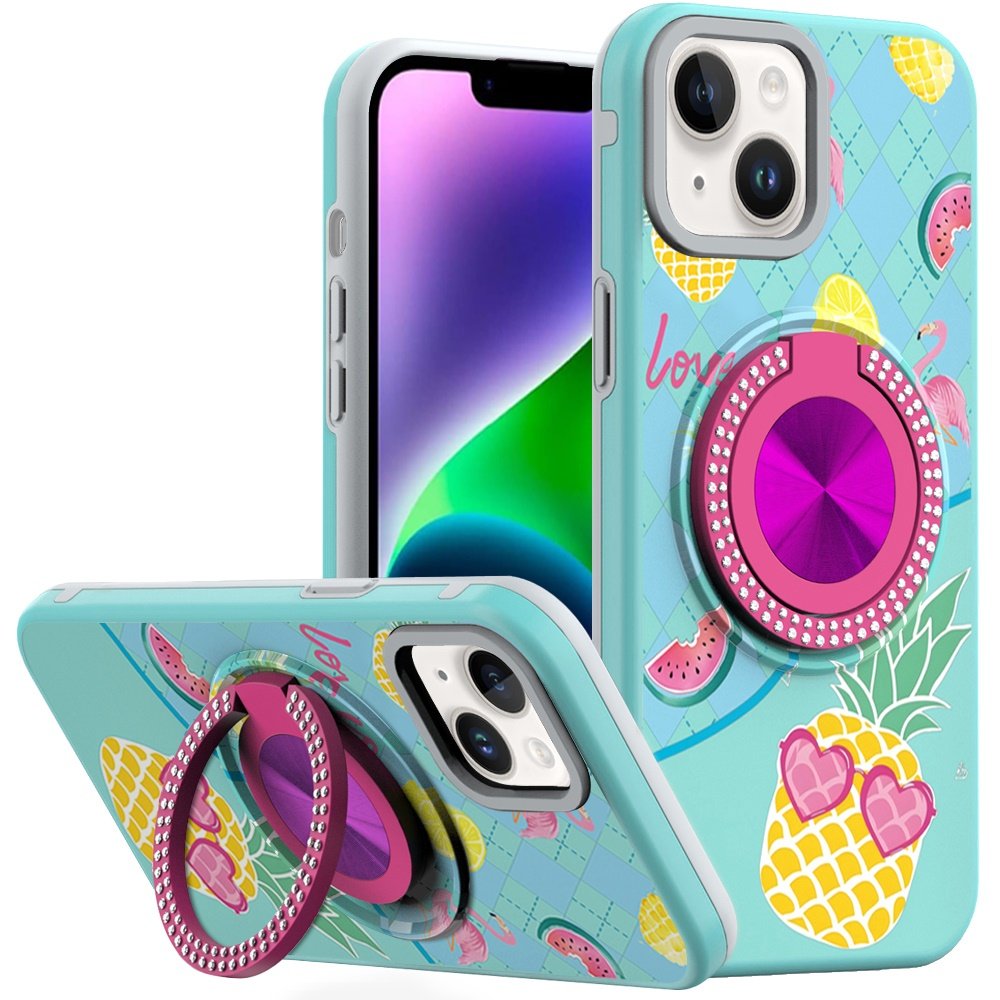 for iphone 13/14 metal diamond cd pattern design matte finished hybrid with rotational ring [car mount friendly] case pineapple