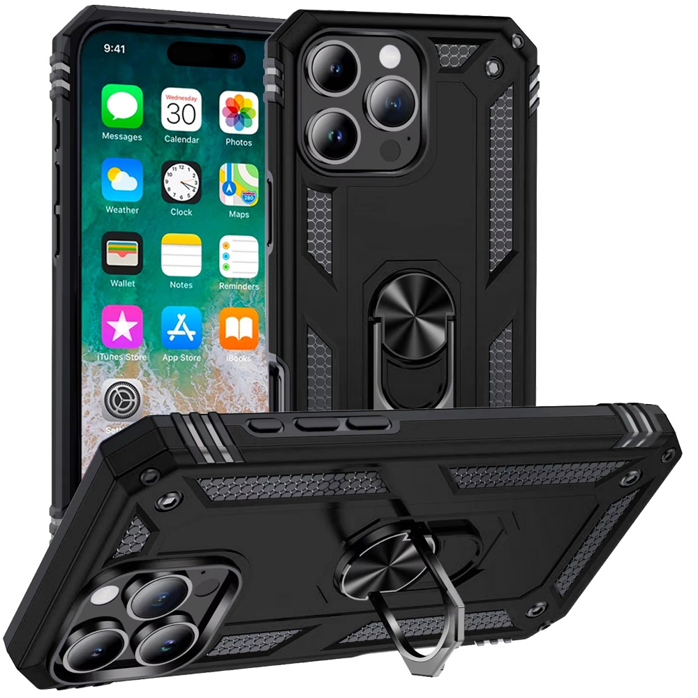 for iphone 16 pro max 6.9 inch ring magnetic kickstand hybrid case cover black