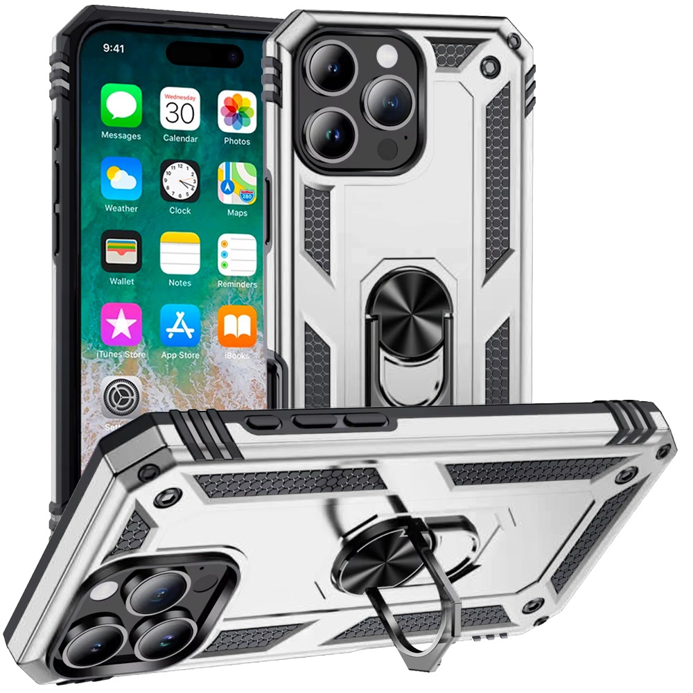 for iphone 16 pro max 6.9 inch ring magnetic kickstand hybrid case cover silver