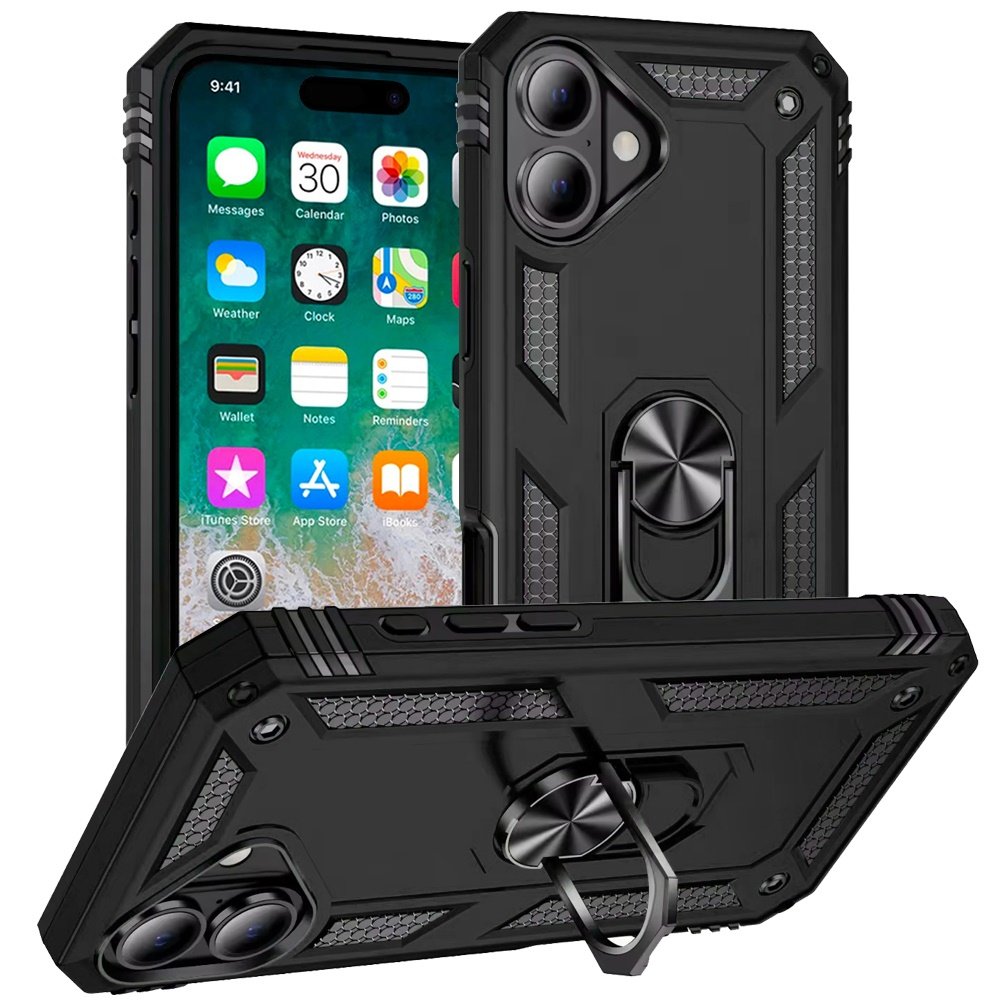 for iphone 16 plus 6.7 inch ring magnetic kickstand hybrid case cover black