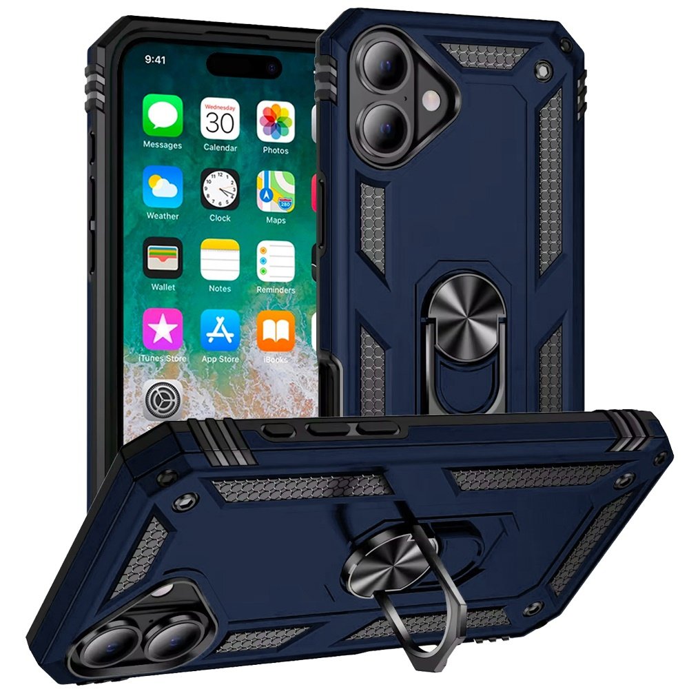 for iphone 16 plus 6.7 inch ring magnetic kickstand hybrid case cover blue