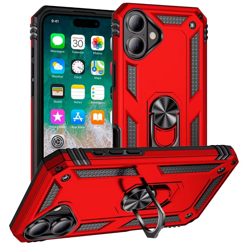 for iphone 16 plus 6.7 inch ring magnetic kickstand hybrid case cover red