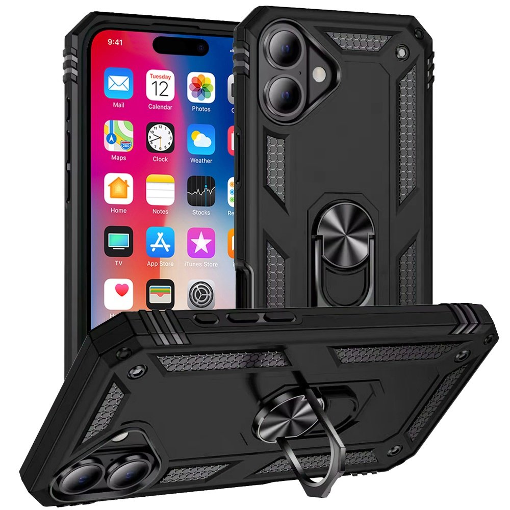 for iphone 16 6.1 inch ring magnetic kickstand hybrid case cover black
