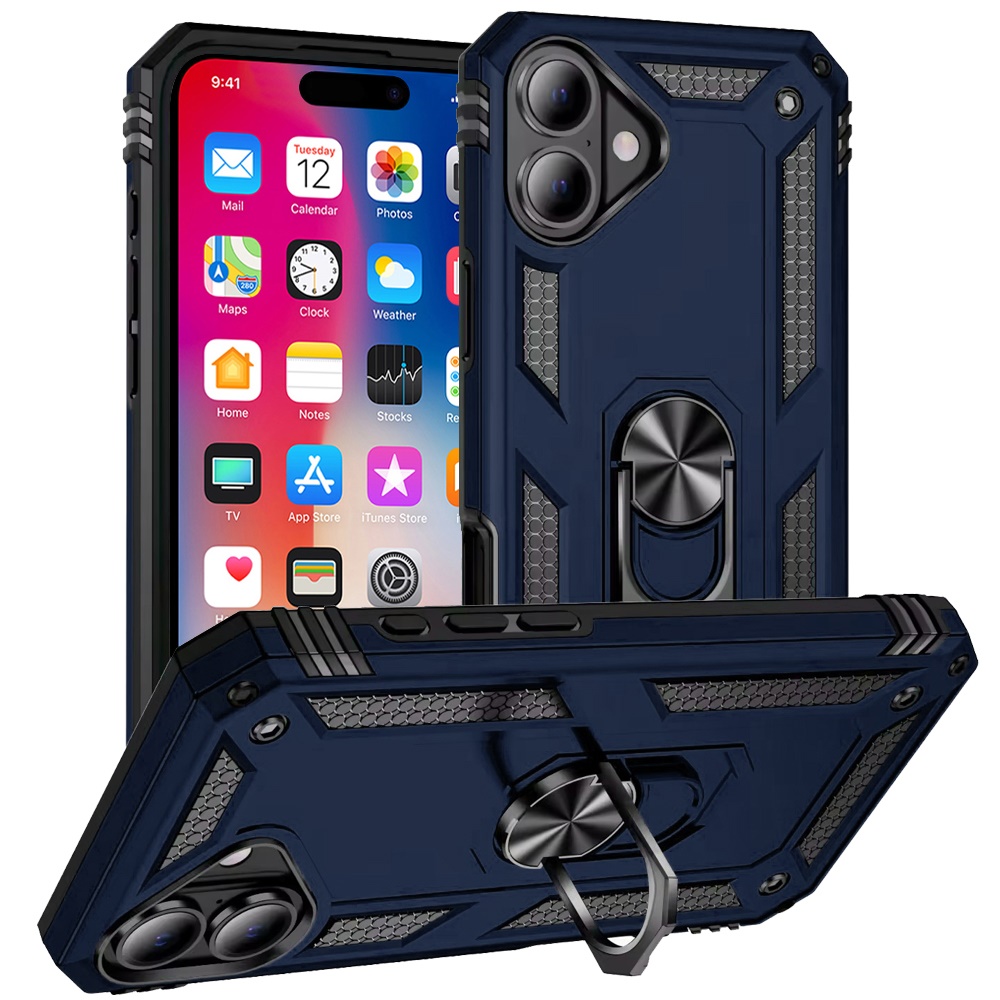 for iphone 16 6.1 inch ring magnetic kickstand hybrid case cover blue