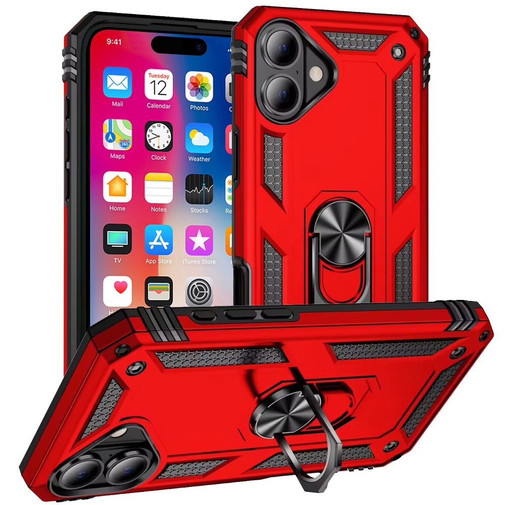 for iphone 16 6.1 inch ring magnetic kickstand hybrid case cover red
