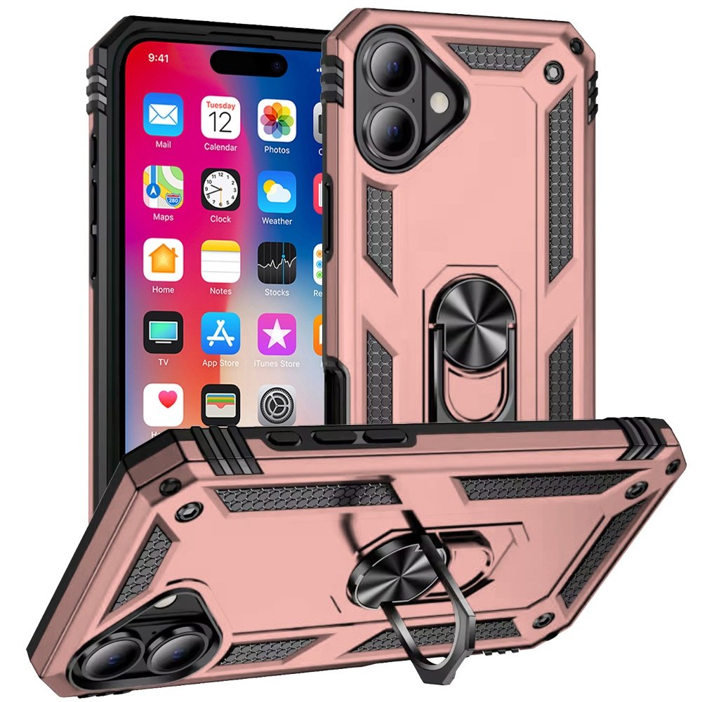 for iphone 16 6.1 inch ring magnetic kickstand hybrid case cover rose gold