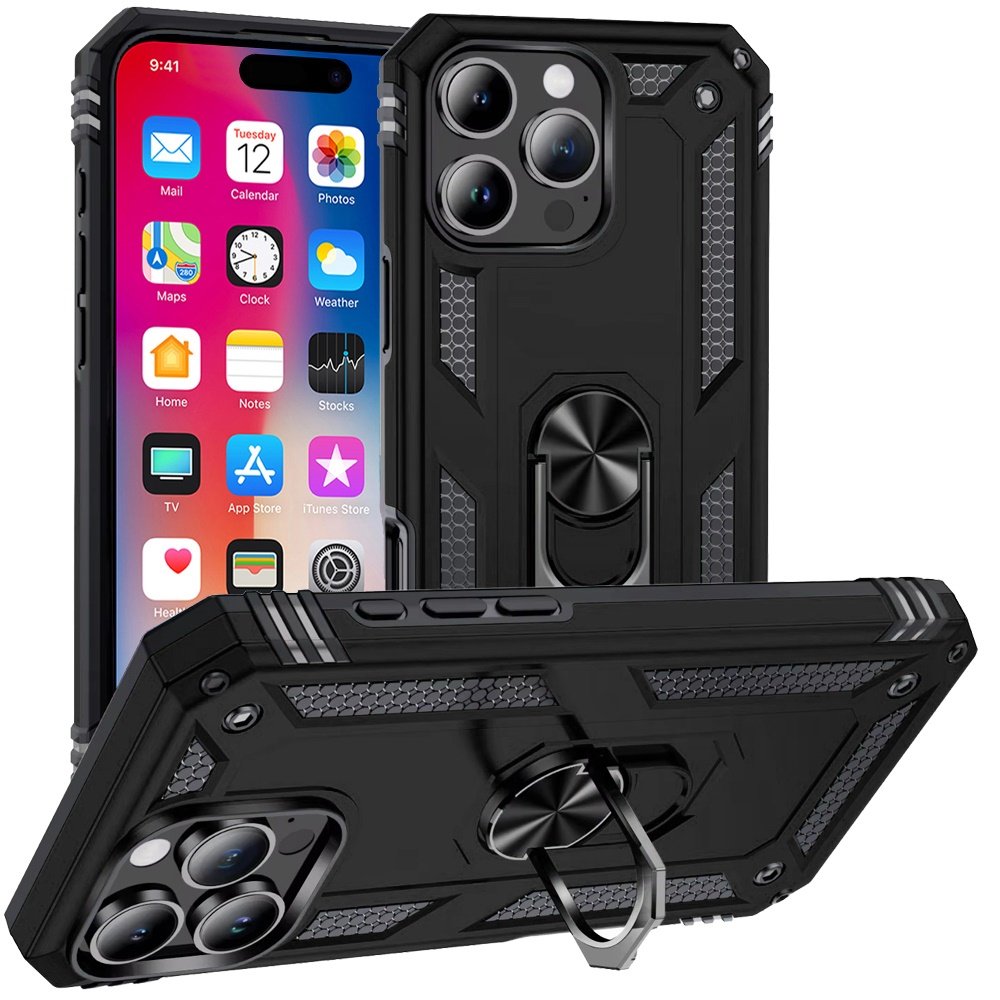 for iphone 16 pro 6.3 inch ring magnetic kickstand hybrid case cover black