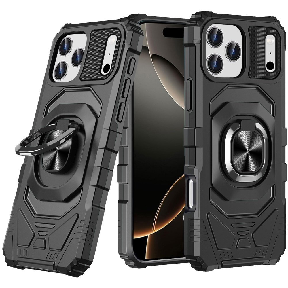 for iphone 17 pro robotic hybrid with magnetic ring stand case cover black