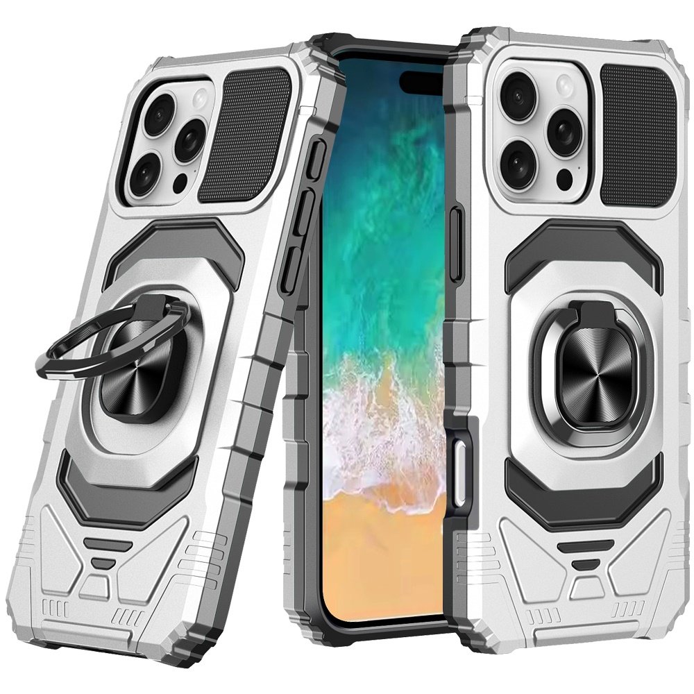 for iphone 16 pro max 6.9 inch robotic hybrid with magnetic ring stand case cover silver