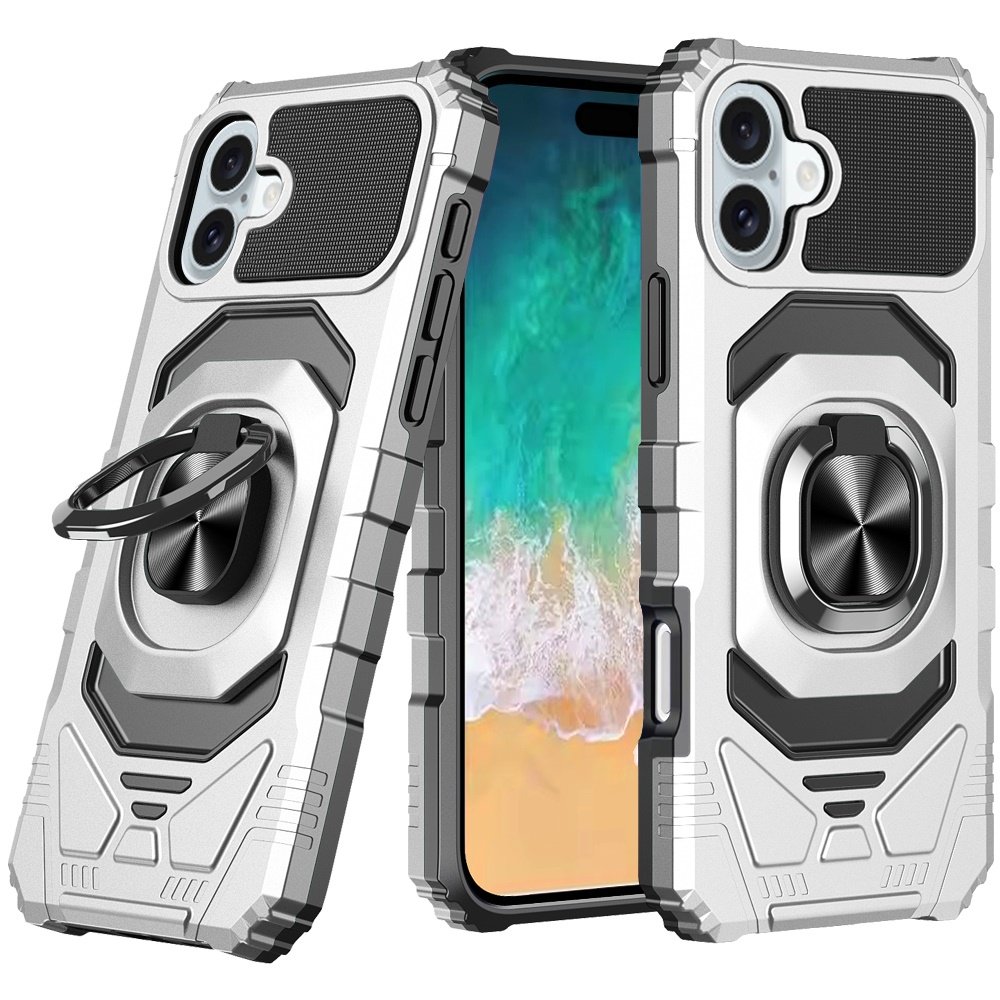 for iphone 16 plus 6.7 inch robotic hybrid with magnetic ring stand case cover silver