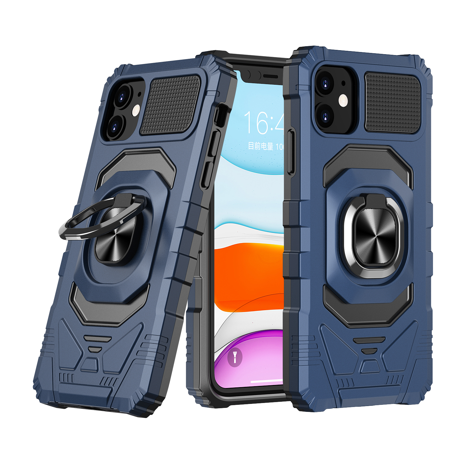 for iphone 15 pro robotic hybrid with magnetic ring stand case cover dark blue