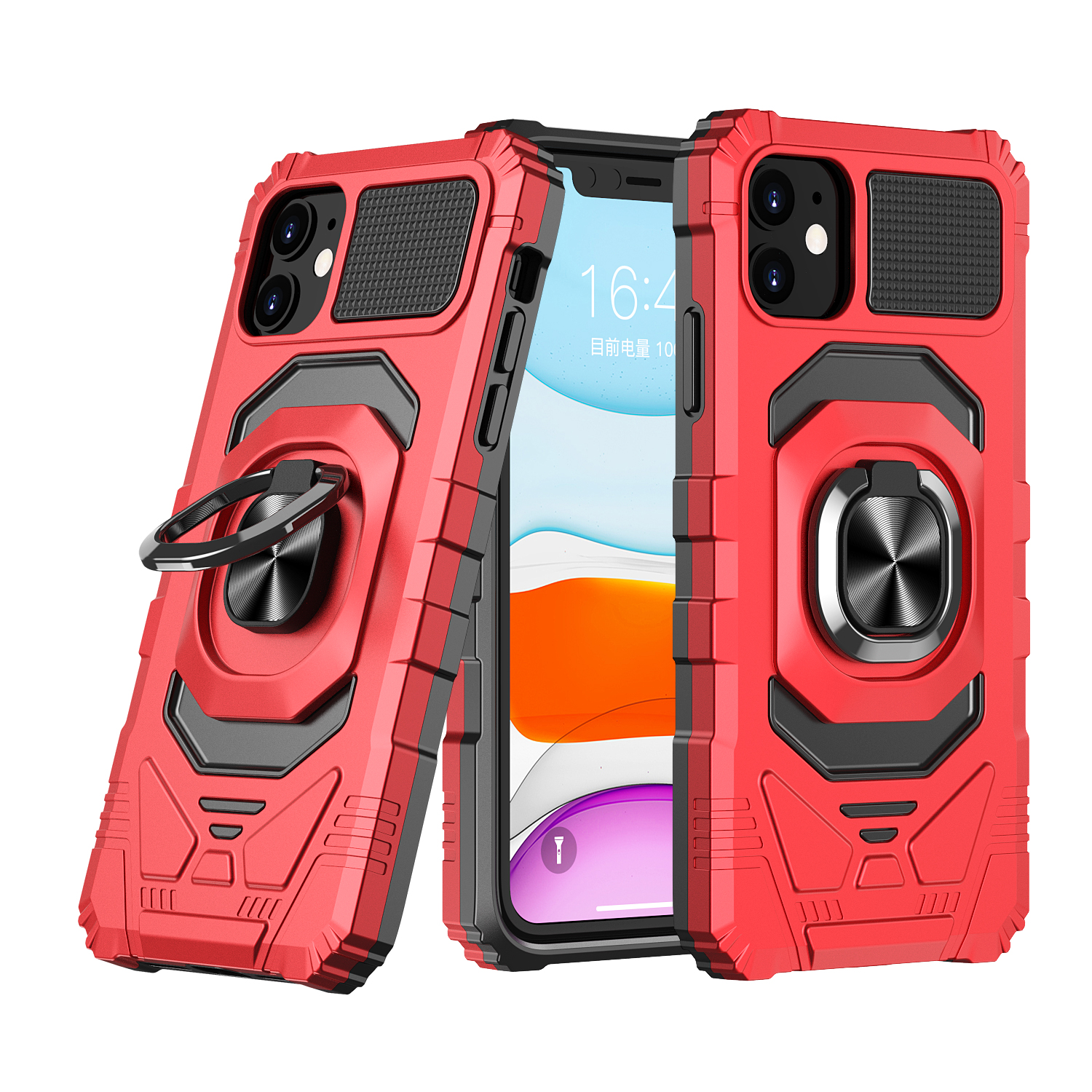 for iphone 15 pro robotic hybrid with magnetic ring stand case cover red