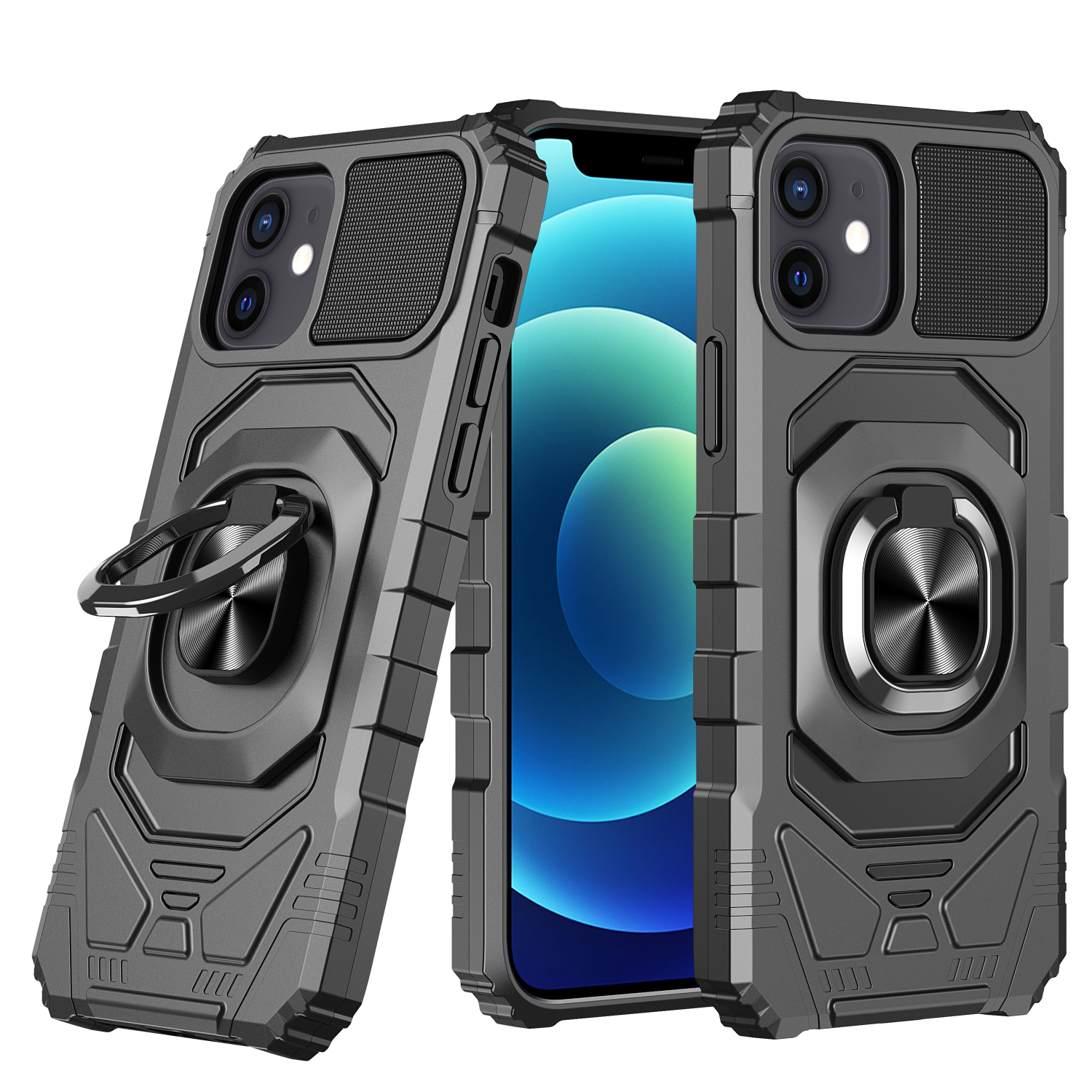 for iphone 13 pro max robotic hybrid with magnetic ring stand case cover black