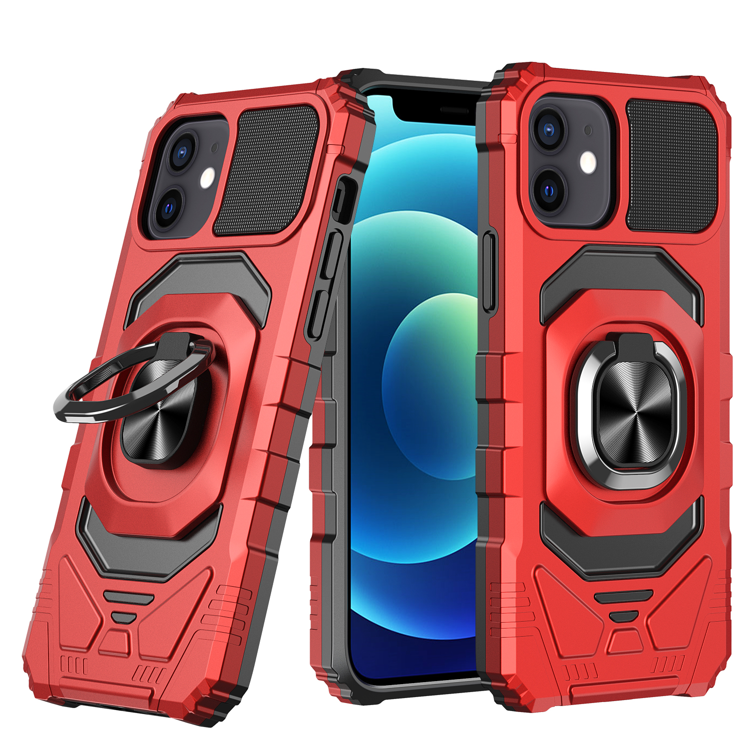 for iphone 13/14 robotic hybrid with magnetic ring stand case cover red