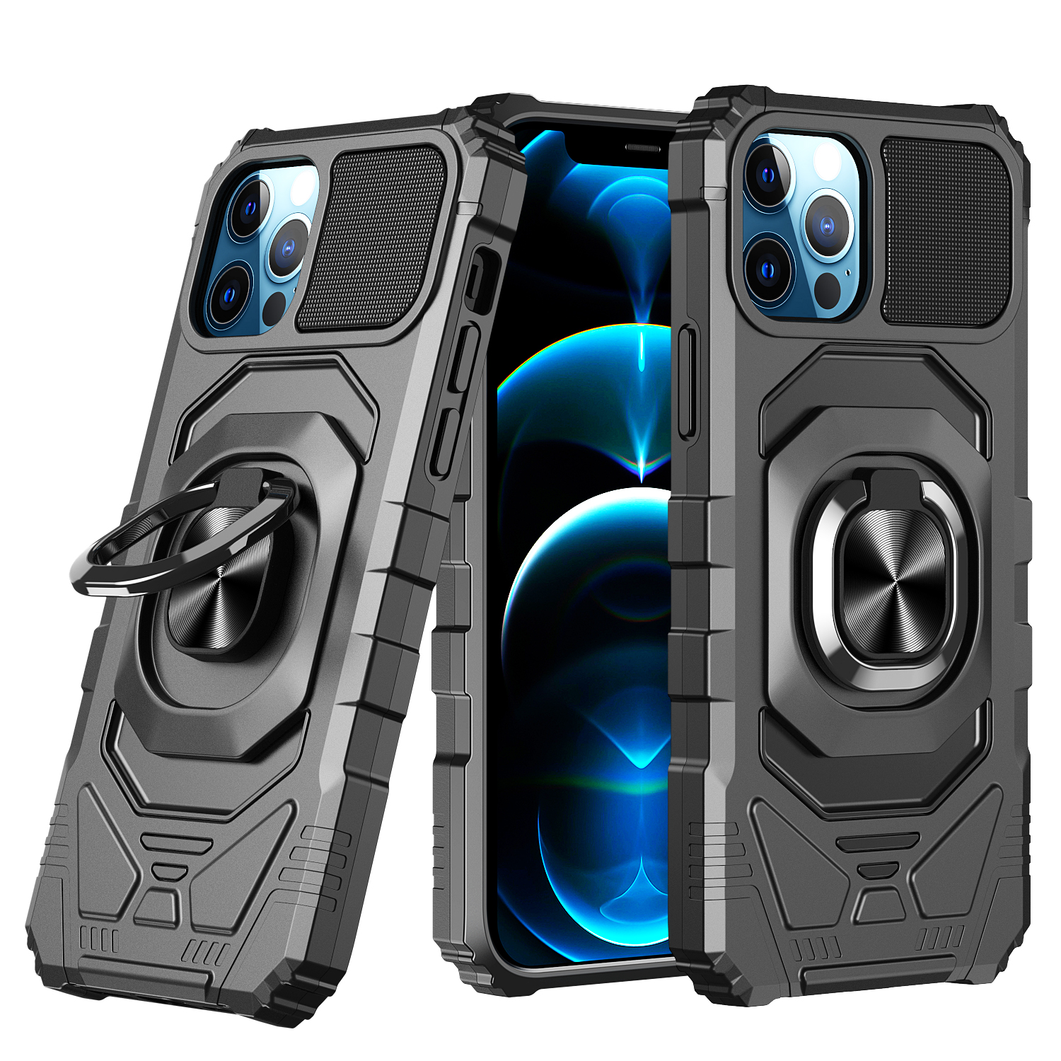 for iphone 15 plus robotic hybrid with magnetic ring stand case cover black