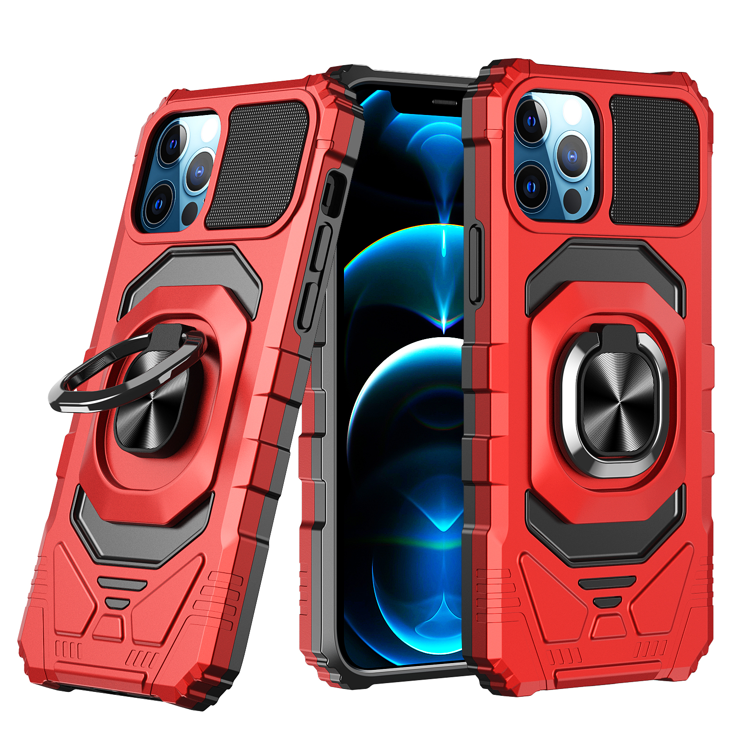 for iphone 15 plus robotic hybrid with magnetic ring stand case cover red