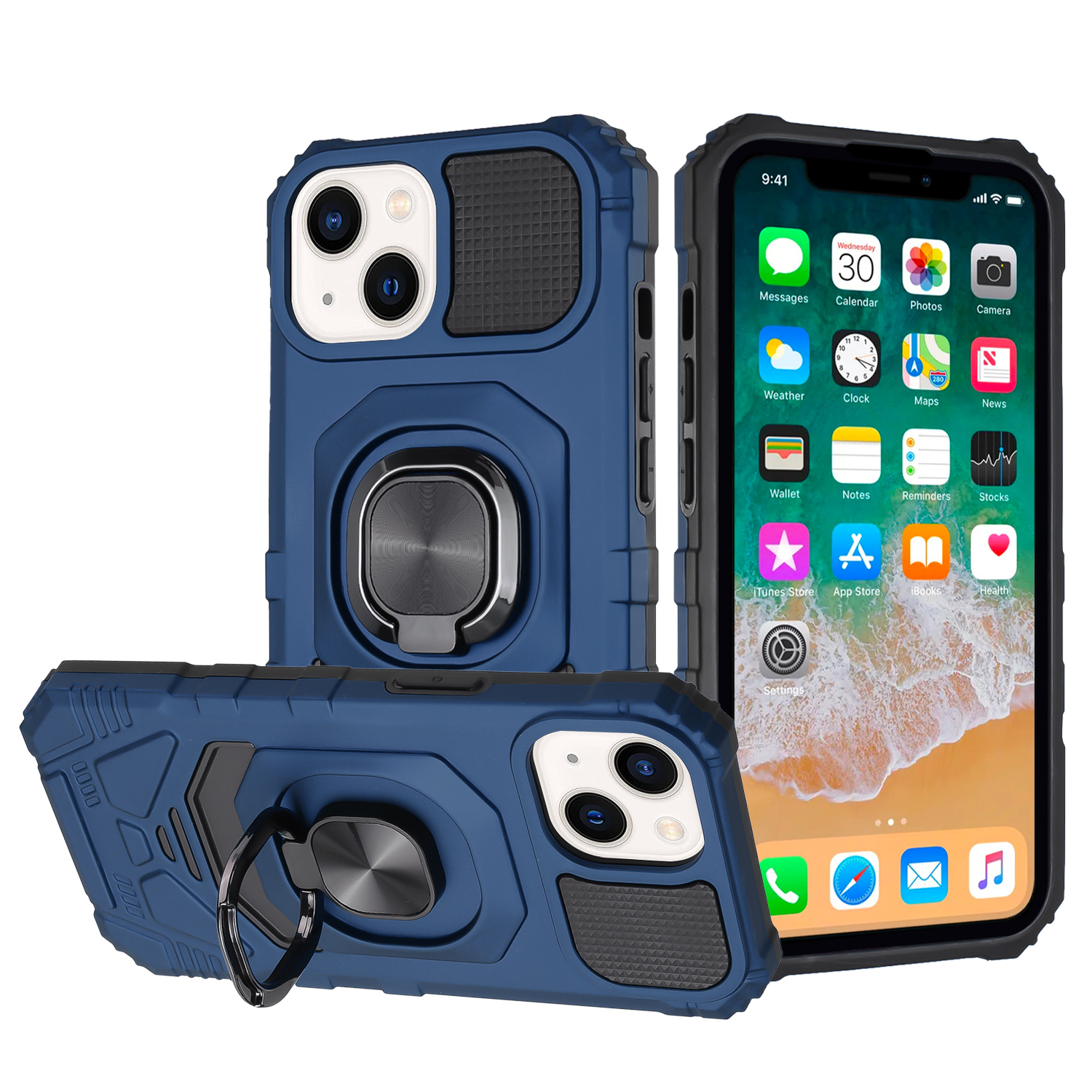 for iphone 15 robotic hybrid with magnetic ring stand case cover dark blue