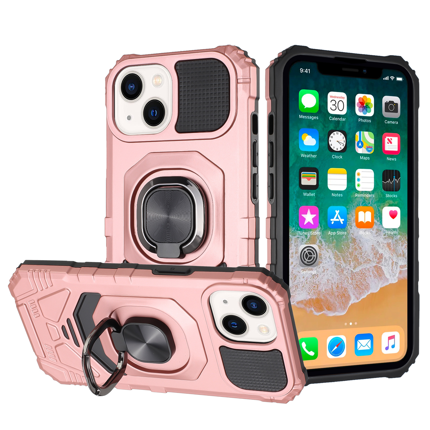 for ip15 pro max robotic hybrid with magnetic ring stand case cover rose gold