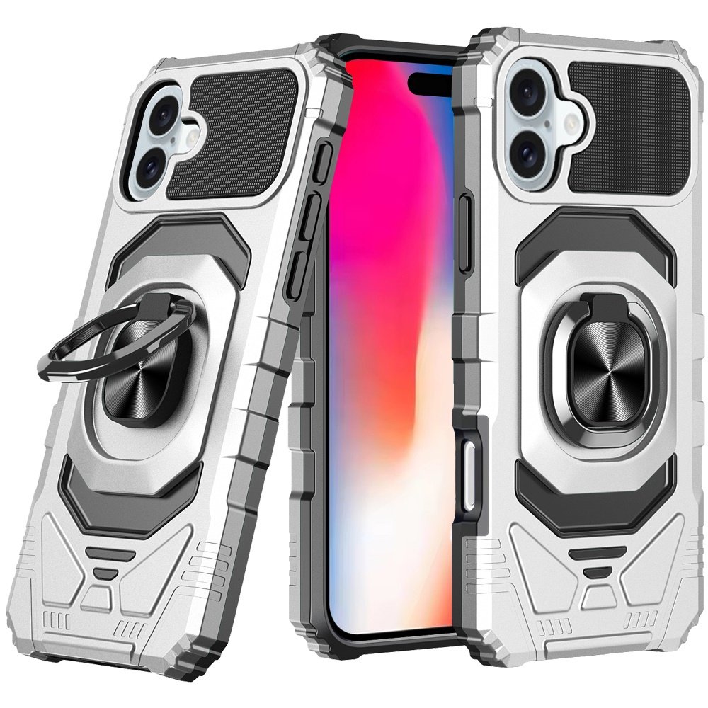 for iphone 16 6.1 inch robotic hybrid with magnetic ring stand case cover silver