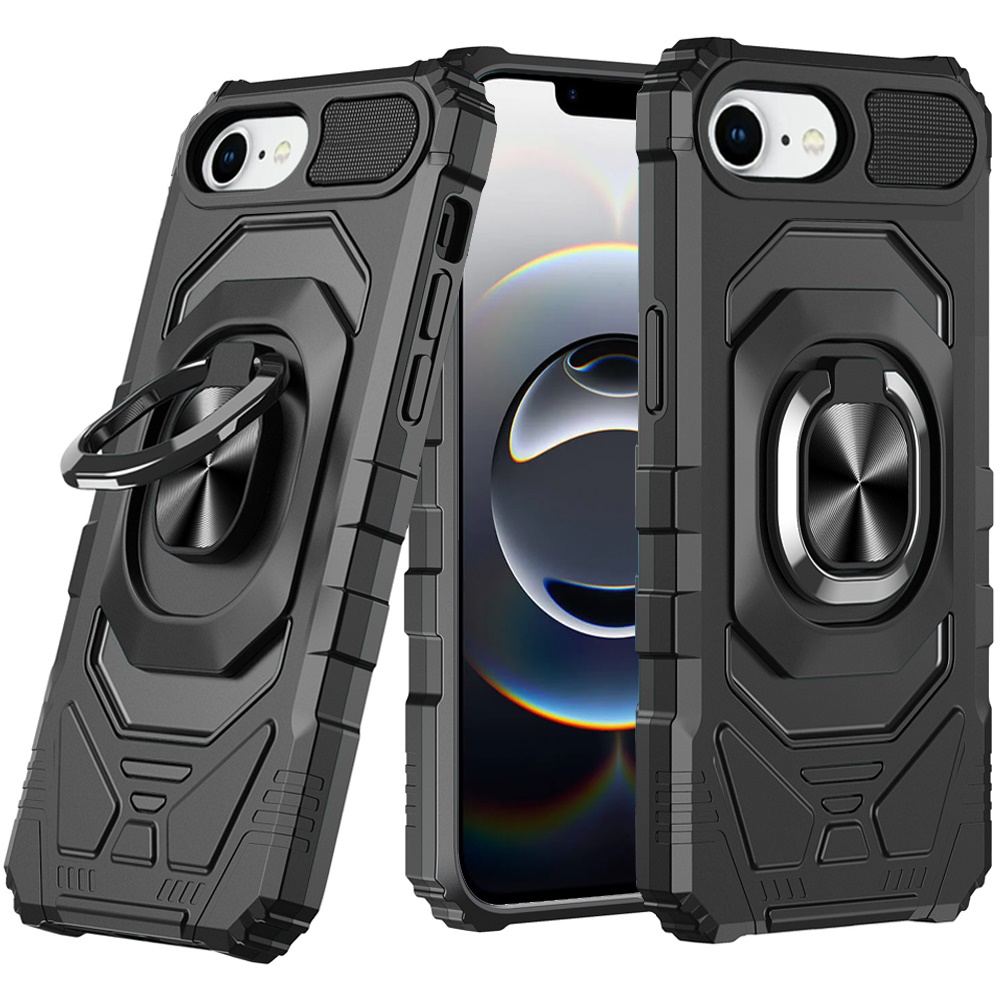 for iphone 17e / 16e / se4 robotic hybrid with magnetic ring stand case cover black