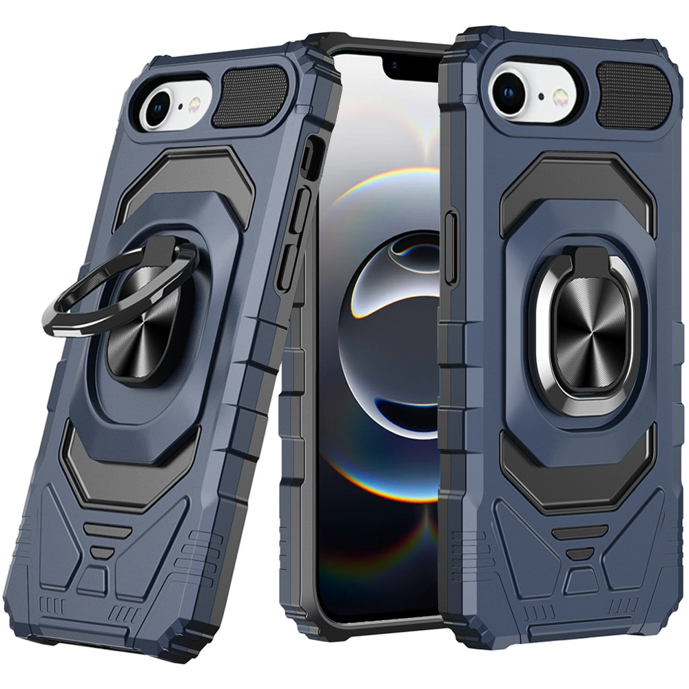 for iphone 17e / 16e / se4 robotic hybrid with magnetic ring stand case cover dark blue