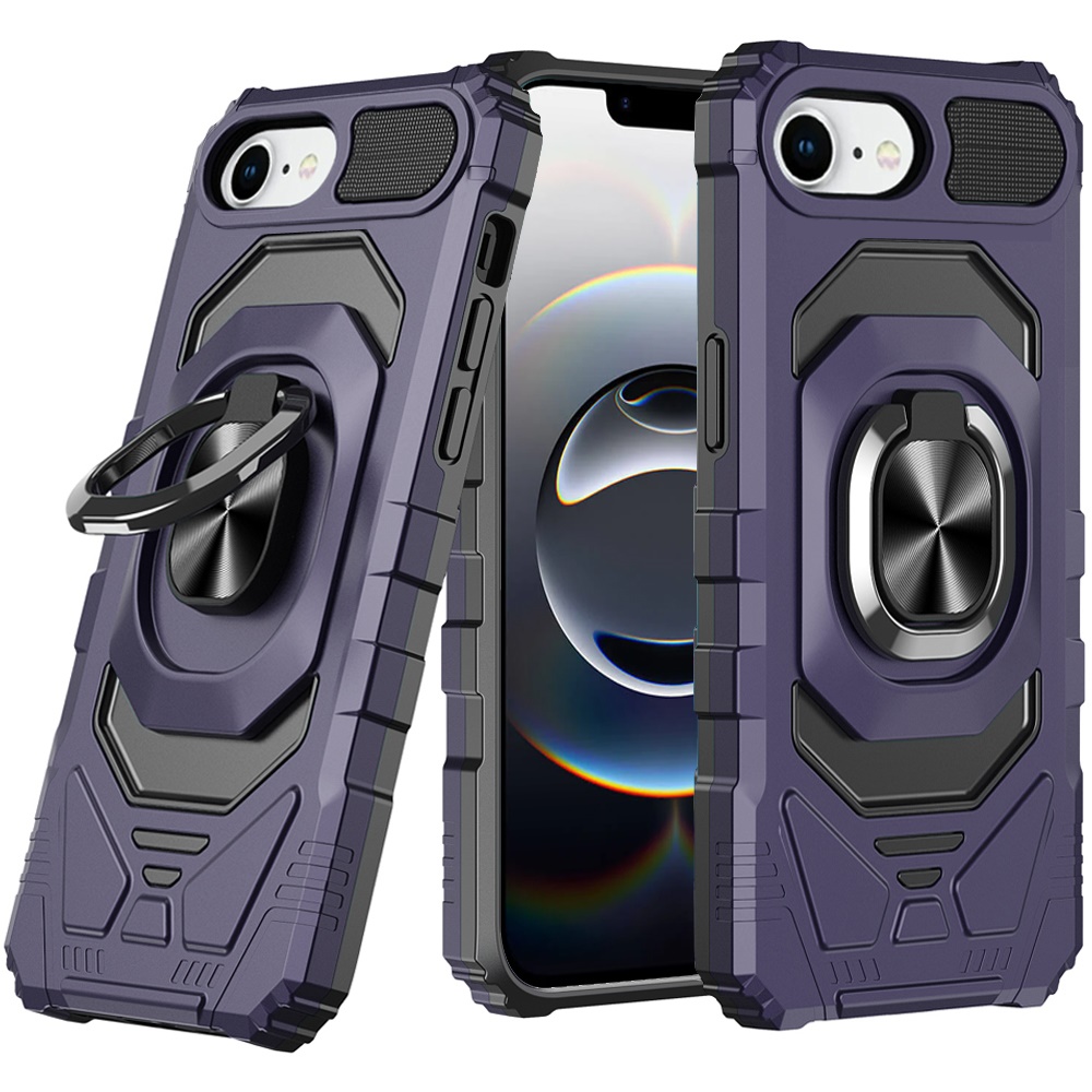 for iphone 17e / 16e / se4 robotic hybrid with magnetic ring stand case cover dark purple