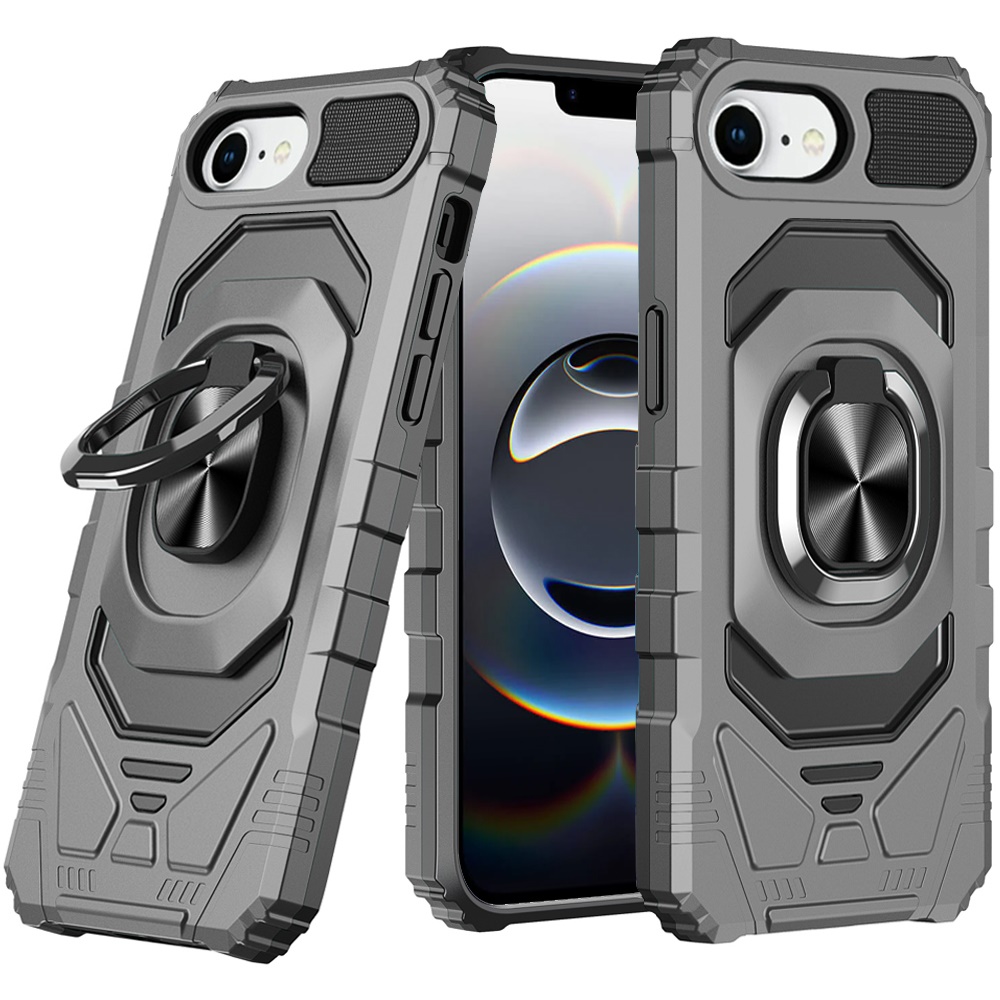 for iphone 17e / 16e / se4 robotic hybrid with magnetic ring stand case cover grey