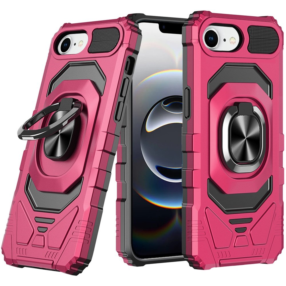 for iphone 17e / 16e / se4 robotic hybrid with magnetic ring stand case cover hot pink
