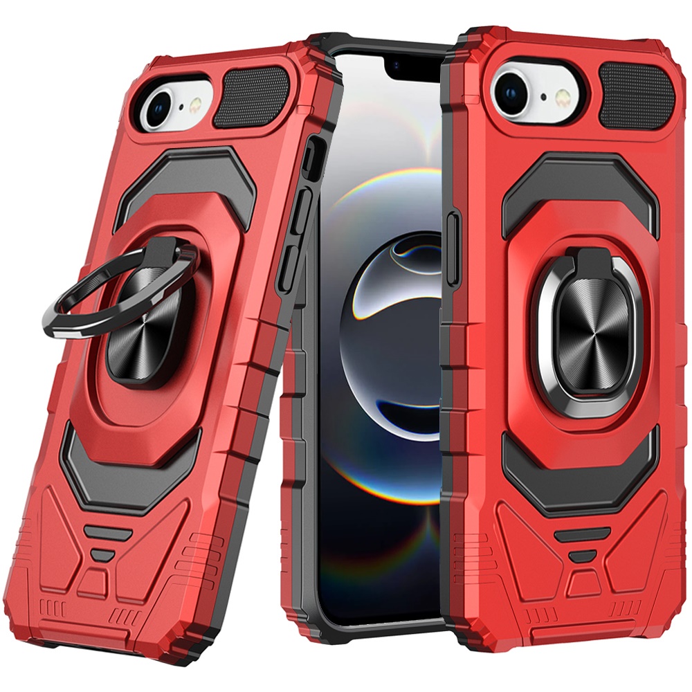 for iphone 17e / 16e / se4 robotic hybrid with magnetic ring stand case cover red