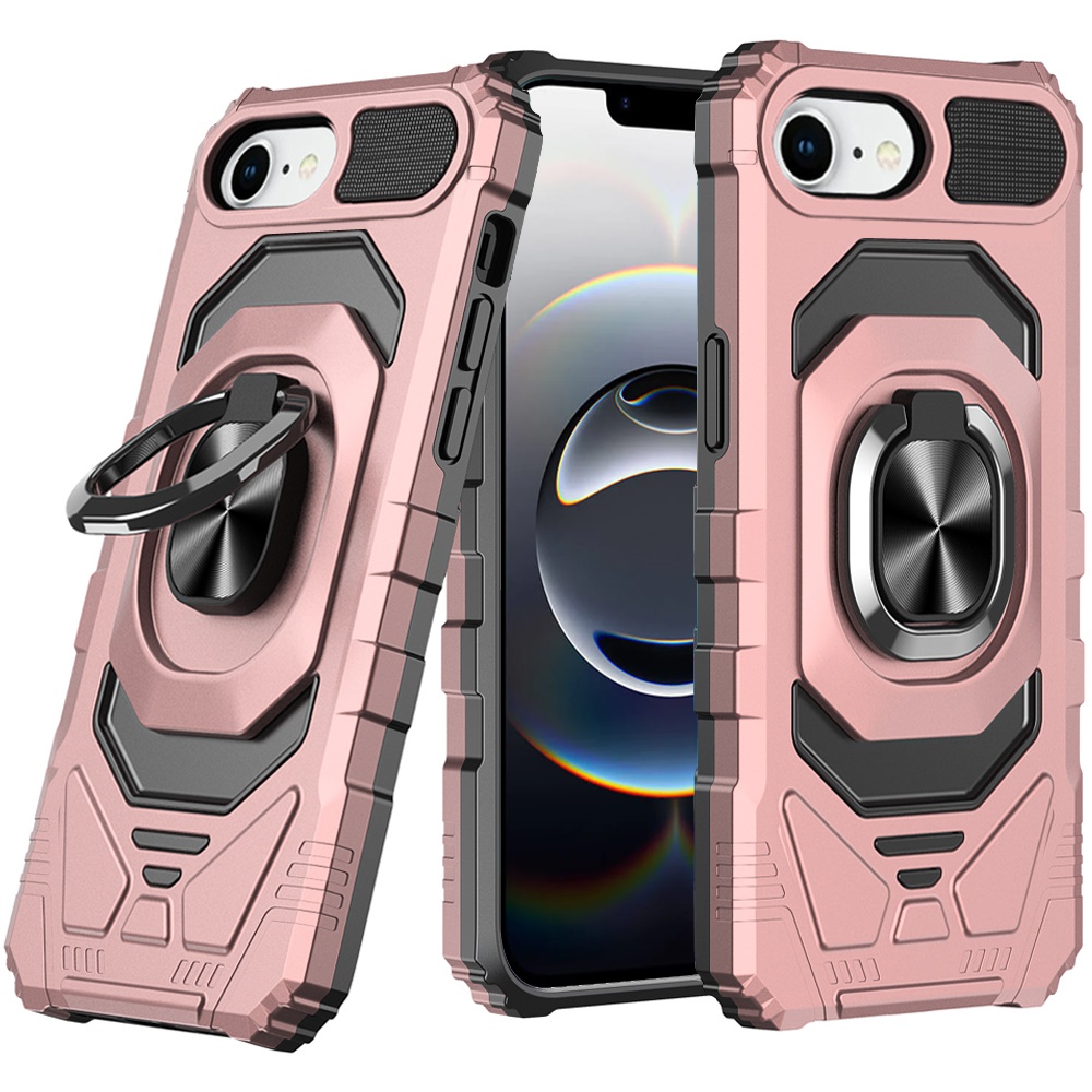 for iphone 17e / 16e / se4 robotic hybrid with magnetic ring stand case cover rose gold