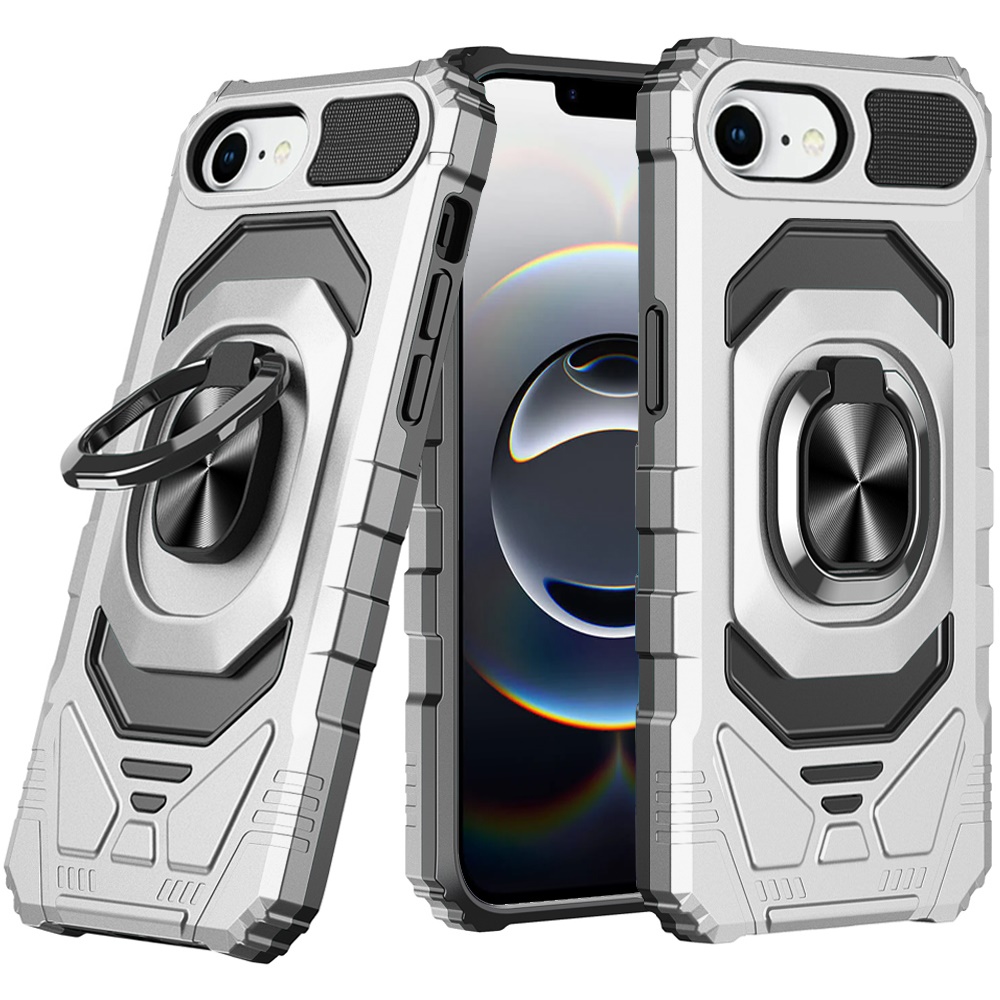 for iphone 17e / 16e / se4 robotic hybrid with magnetic ring stand case cover silver