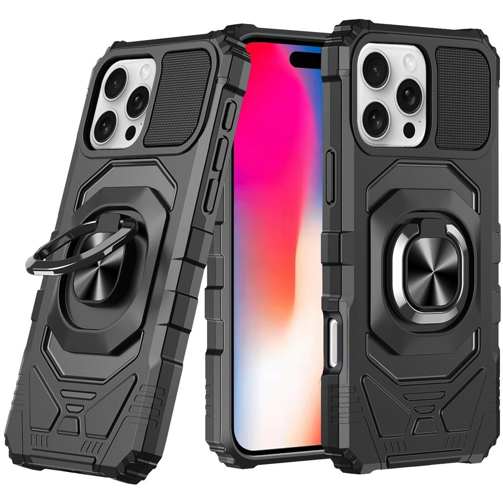 for iphone 16 pro 6.3 inch robotic hybrid with magnetic ring stand case cover black