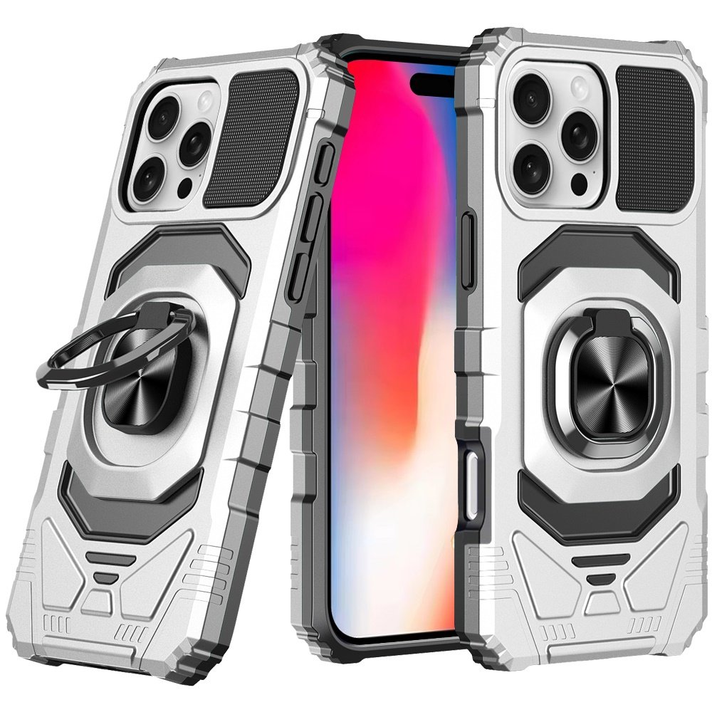 for iphone 16 pro 6.3 inch robotic hybrid with magnetic ring stand case cover silver