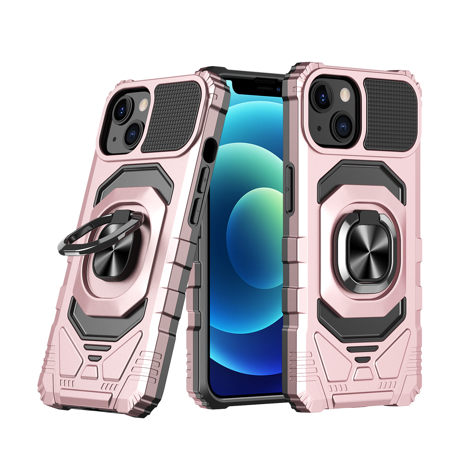 for apple iphone 14 pro max 6.7" robotic hybrid with magnetic ring stand case cover rose gold