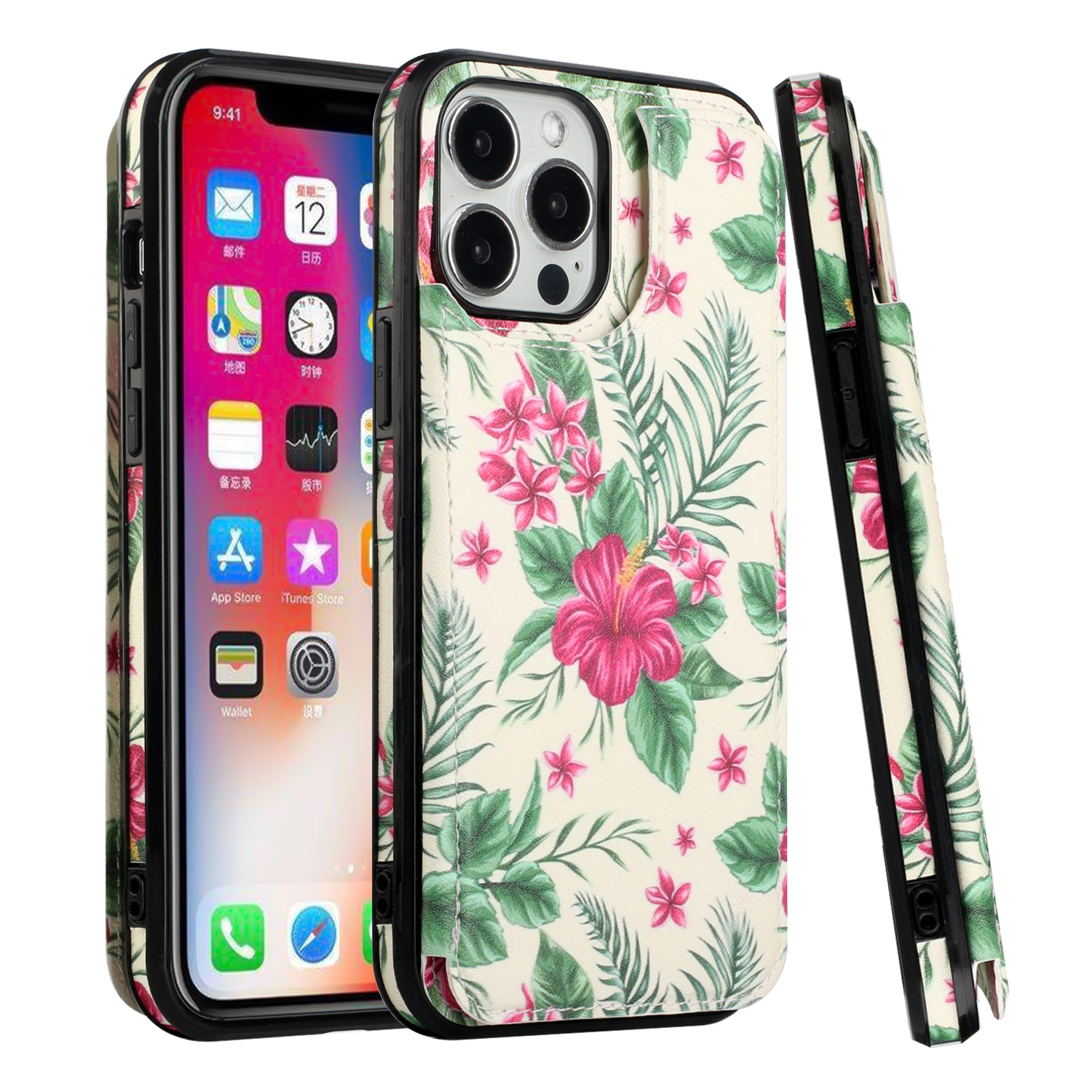 for apple iphone 14 pro 6.1" luxury side magnetic button card id holder pu leather case cover foral a