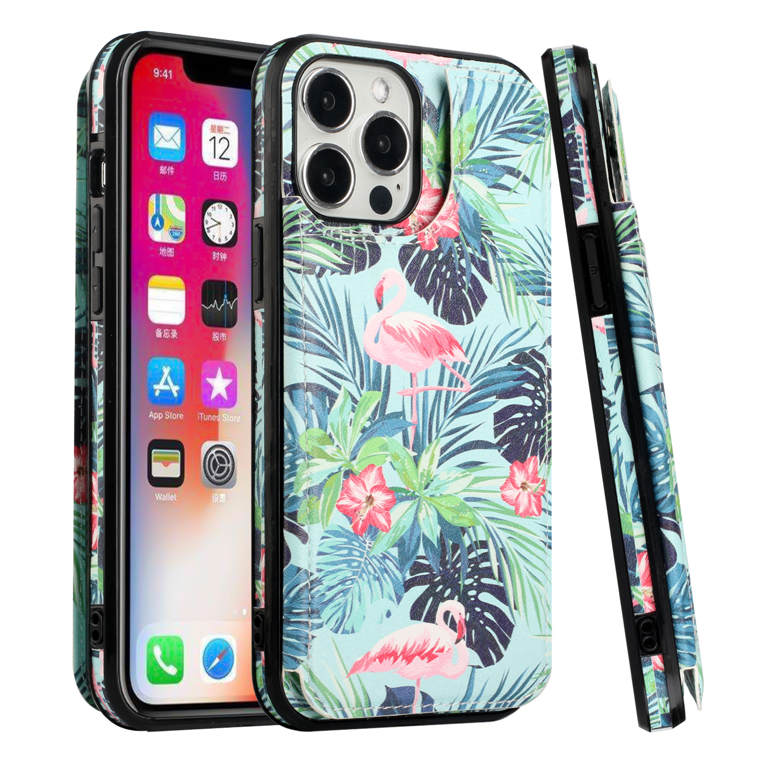 for apple iphone 14 pro 6.1" luxury side magnetic button card id holder pu leather case cover foral b