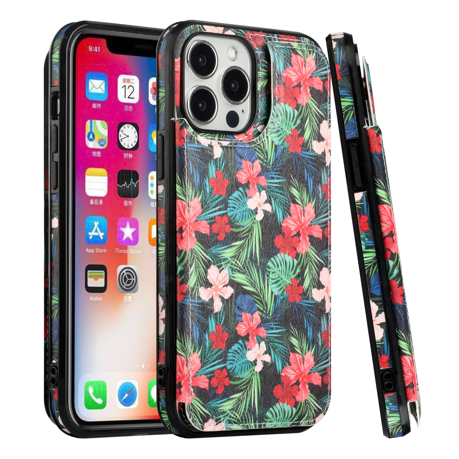 for apple iphone 14 pro 6.1" luxury side magnetic button card id holder pu leather case cover foral c
