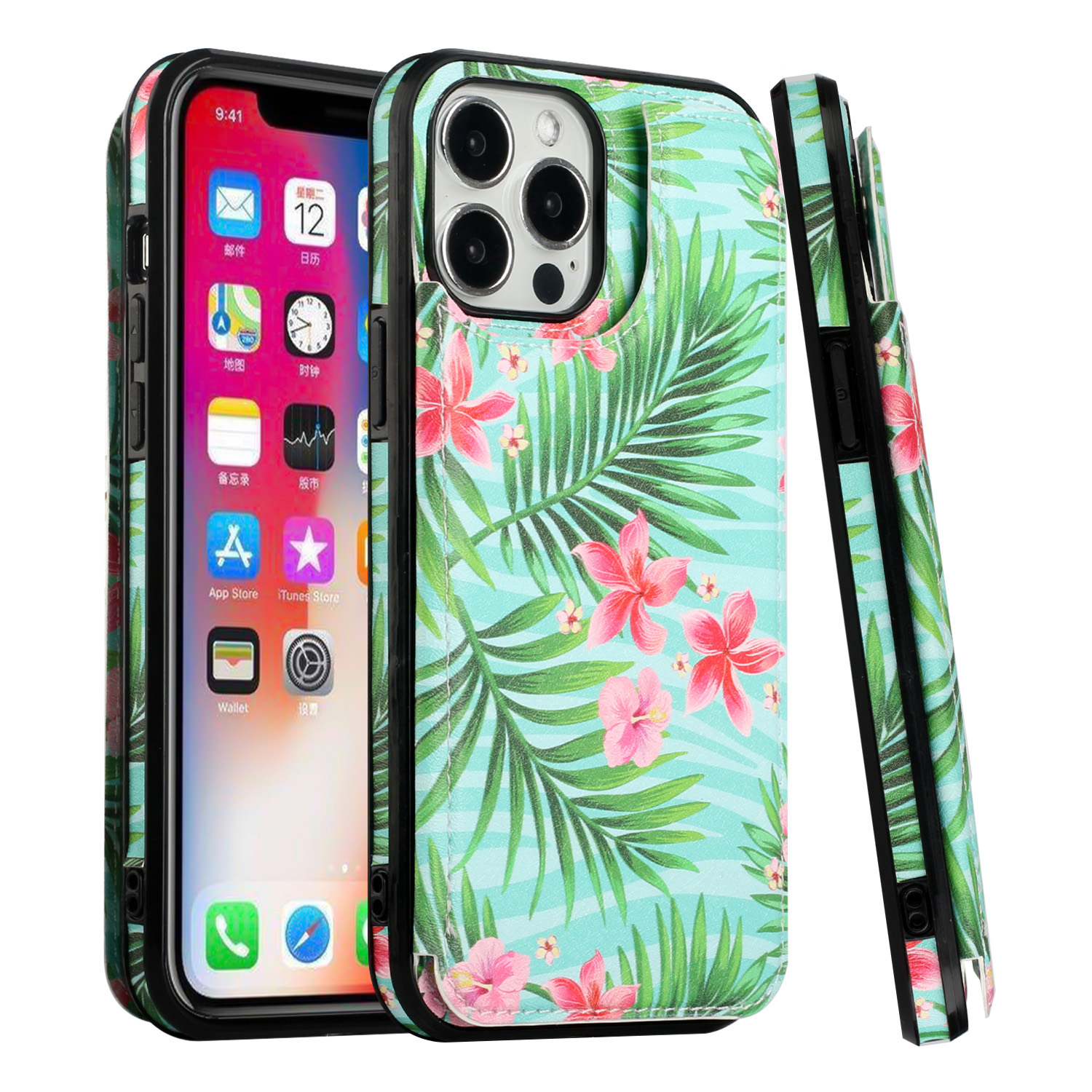 for apple iphone 14 pro 6.1" luxury side magnetic button card id holder pu leather case cover foral d