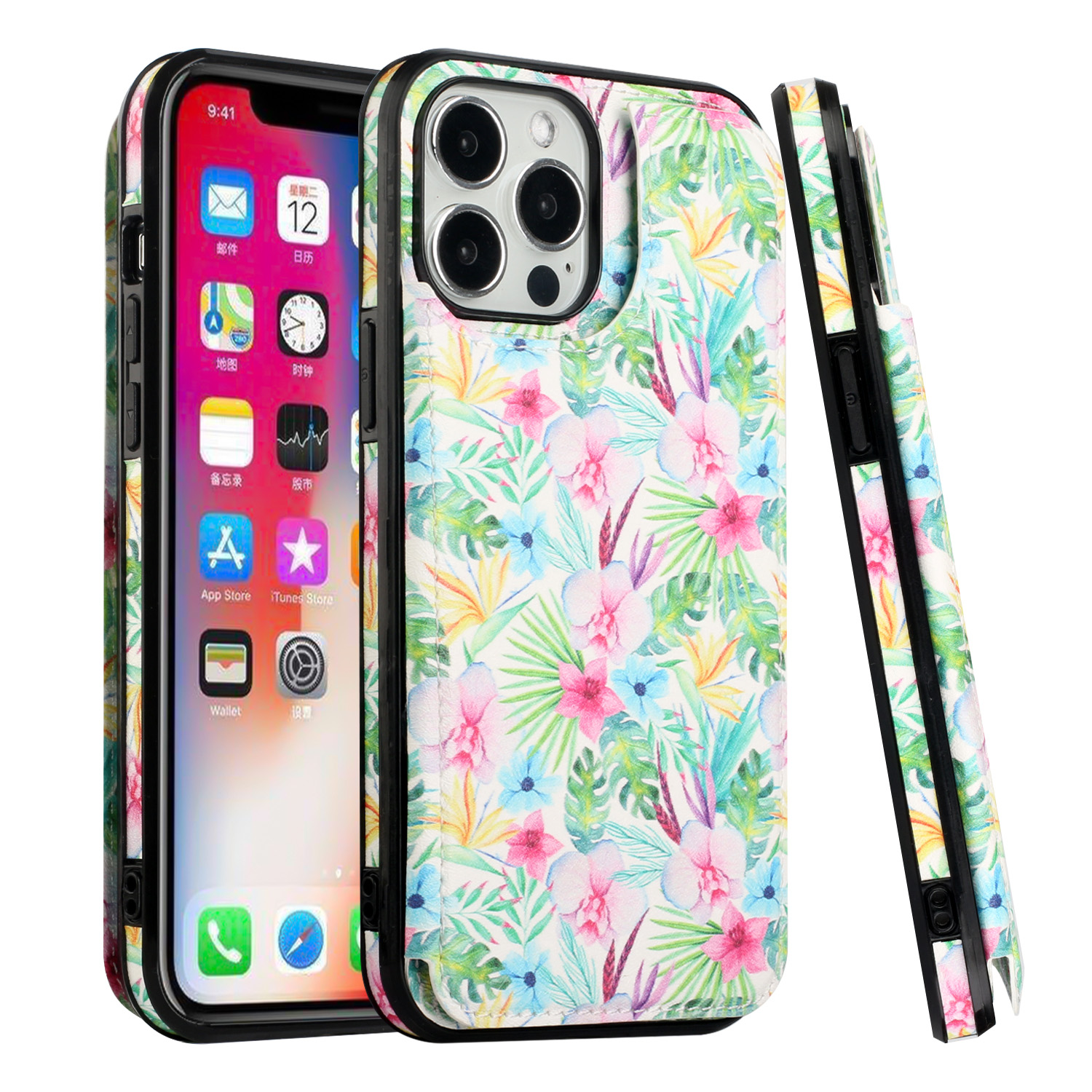 for apple iphone 14 pro 6.1" luxury side magnetic button card id holder pu leather case cover foral e