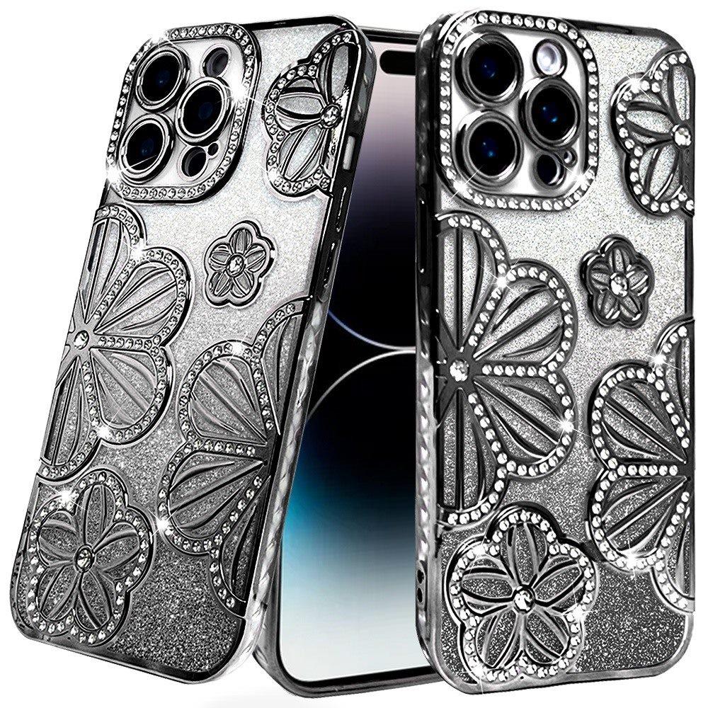 for iphone 14 pro max 6.7" shimmer glitter floral design thick tpu case cover black