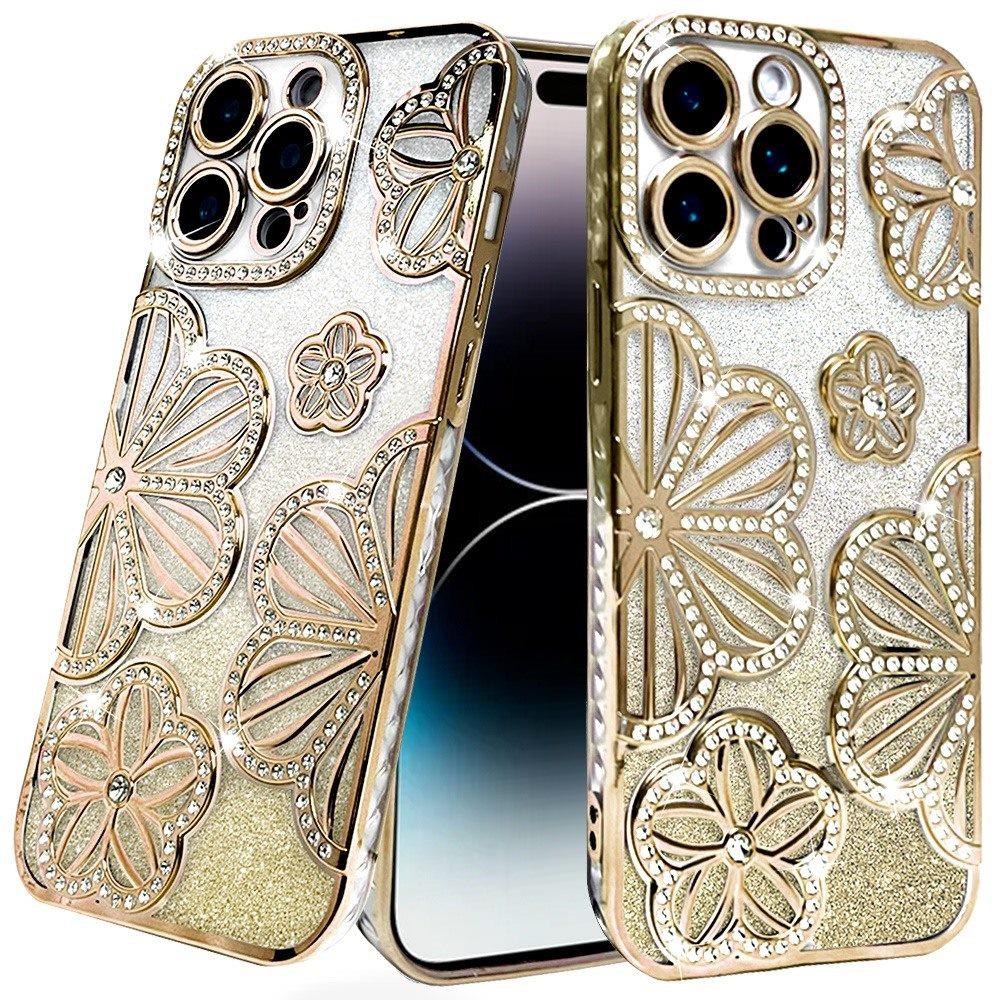 for iphone 14 pro max 6.7" shimmer glitter floral design thick tpu case cover gold