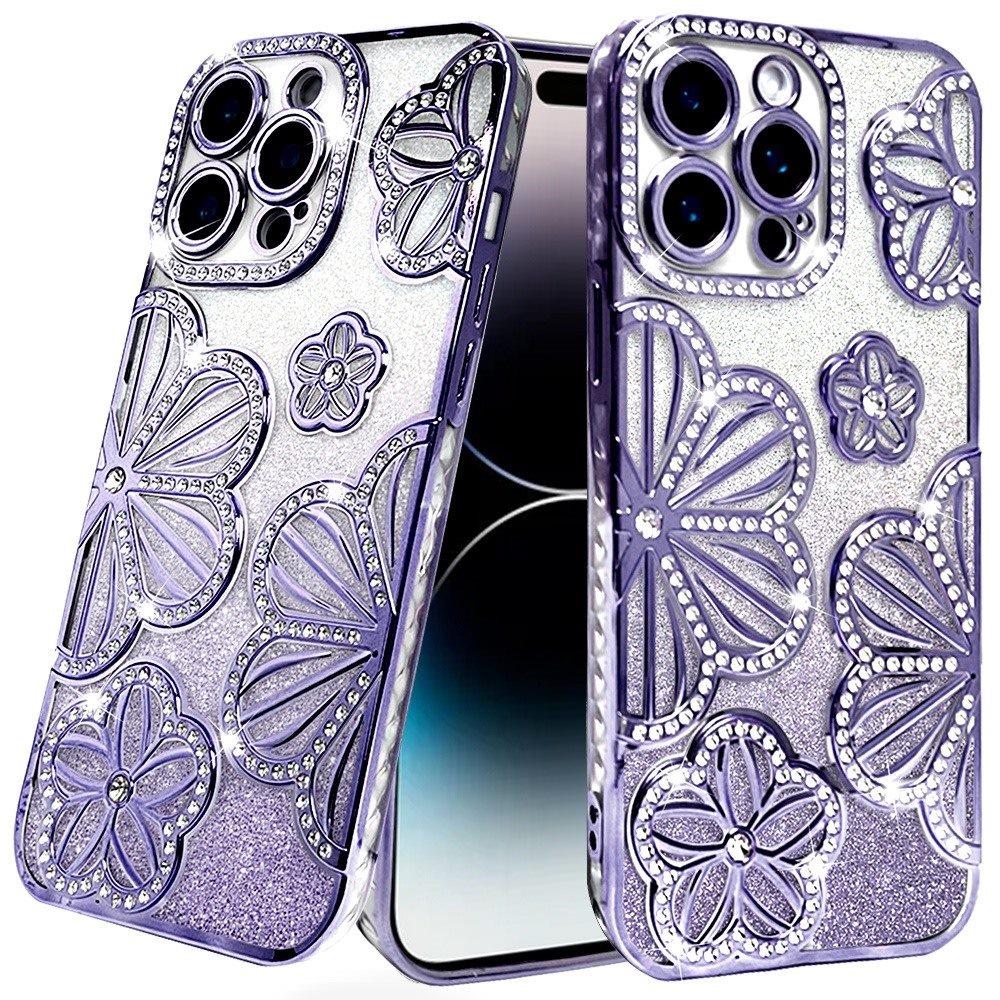 for iphone 14 pro max 6.7" shimmer glitter floral design thick tpu case cover purple