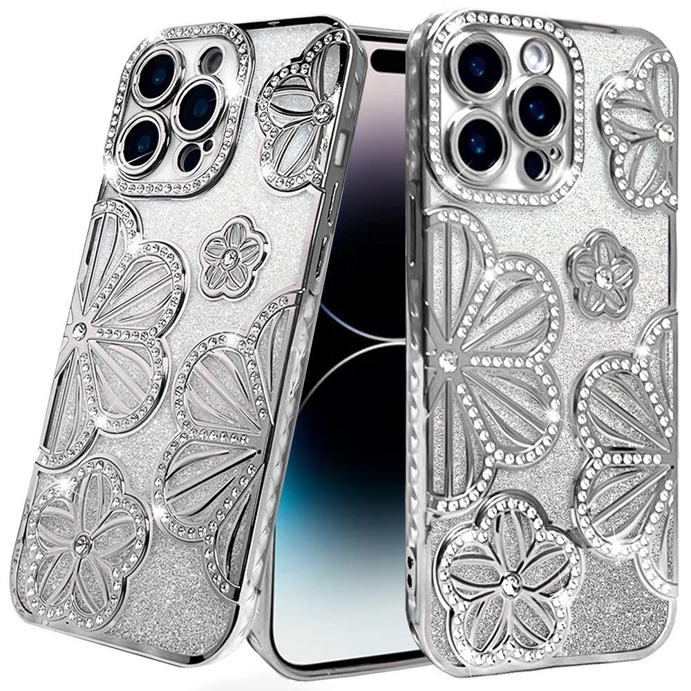 for iphone 14 pro max 6.7" shimmer glitter floral design thick tpu case cover silver