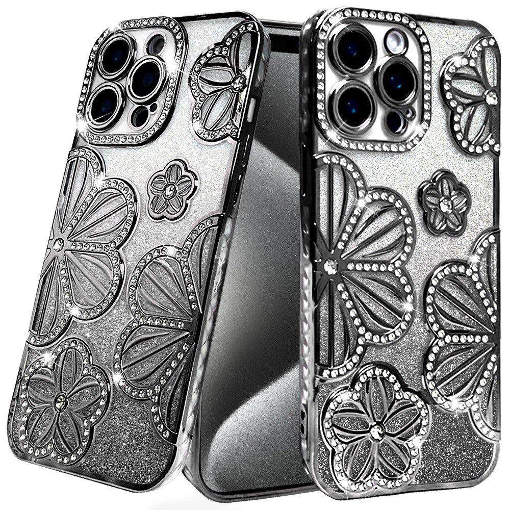 for ip15 pro max shimmer glitter floral design thick tpu case cover black