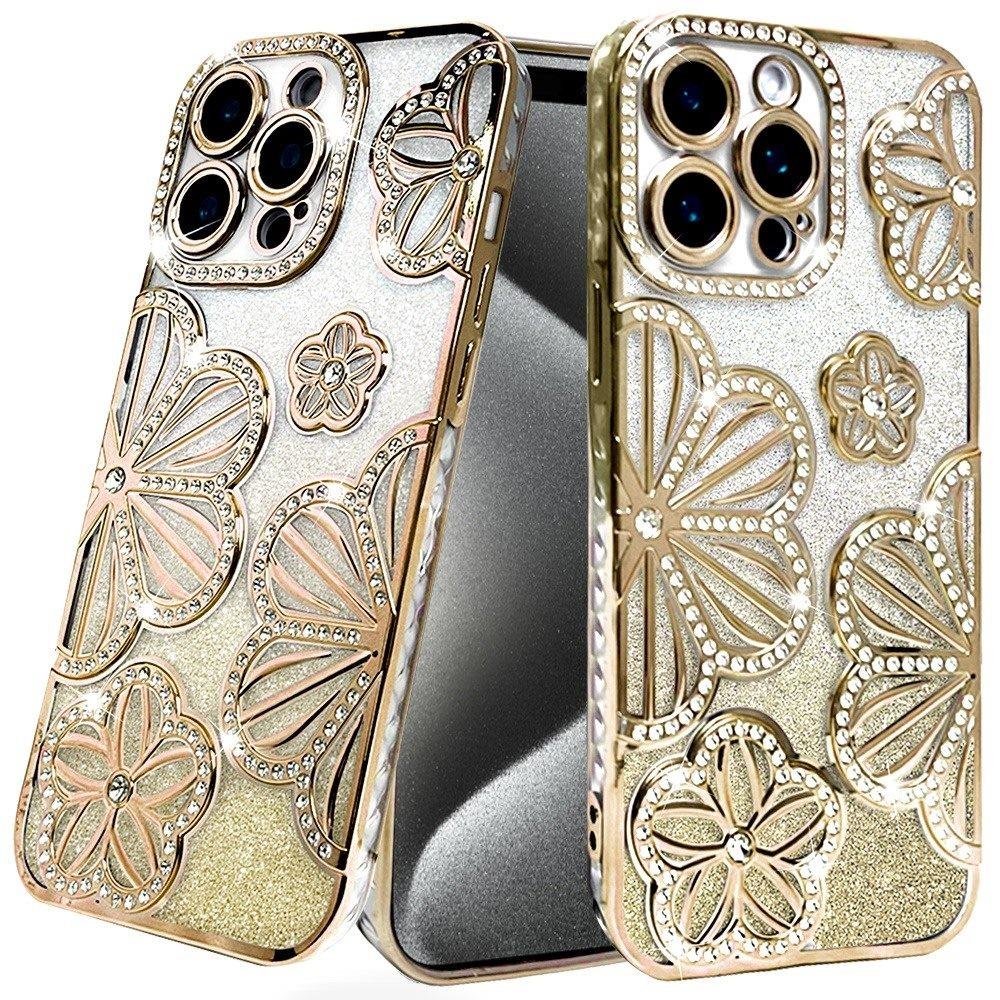 for ip15 pro max shimmer glitter floral design thick tpu case cover gold